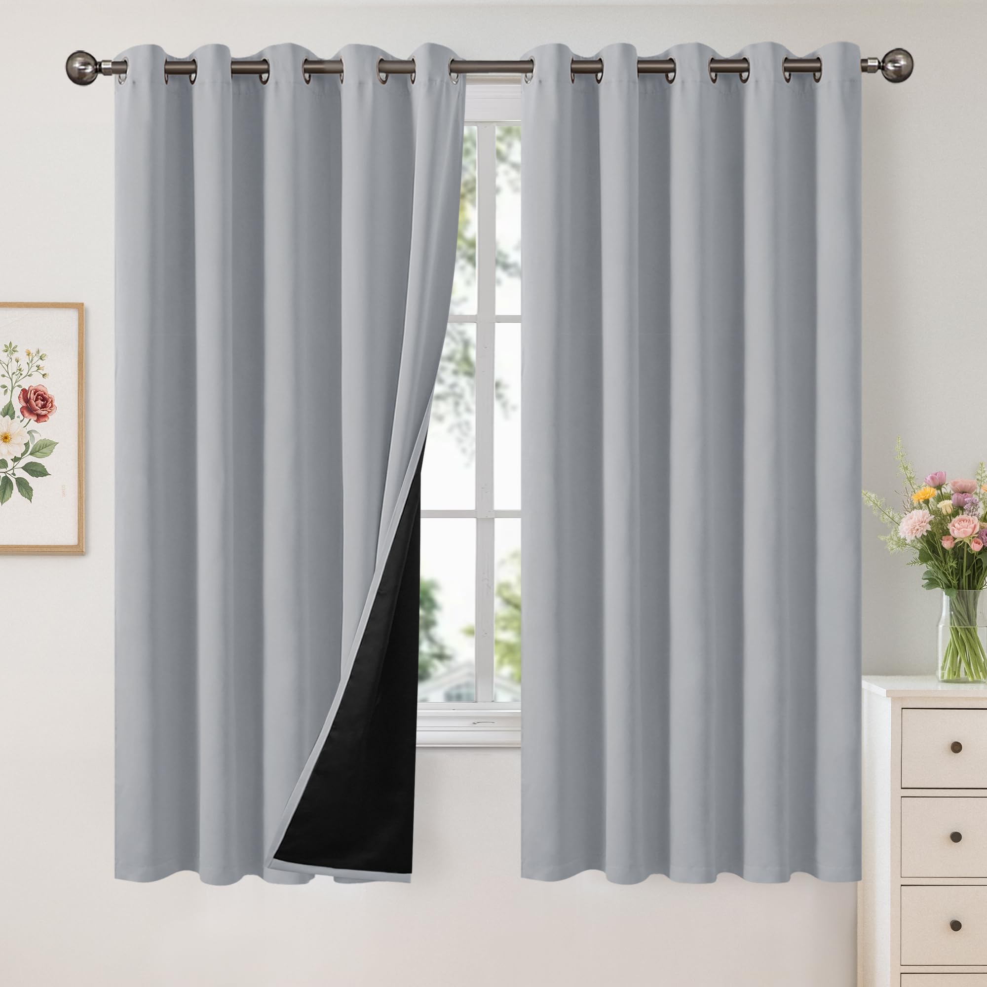 YoungsTex Extra Wide 100% Blackout Curtains for Bedroom, Double Layer Full Room Darkening Thermal Insulated Drapes for Living Room Heat Blocking Privacy, Light Grey, 2 Panels, 60 X 63 Inch Image
