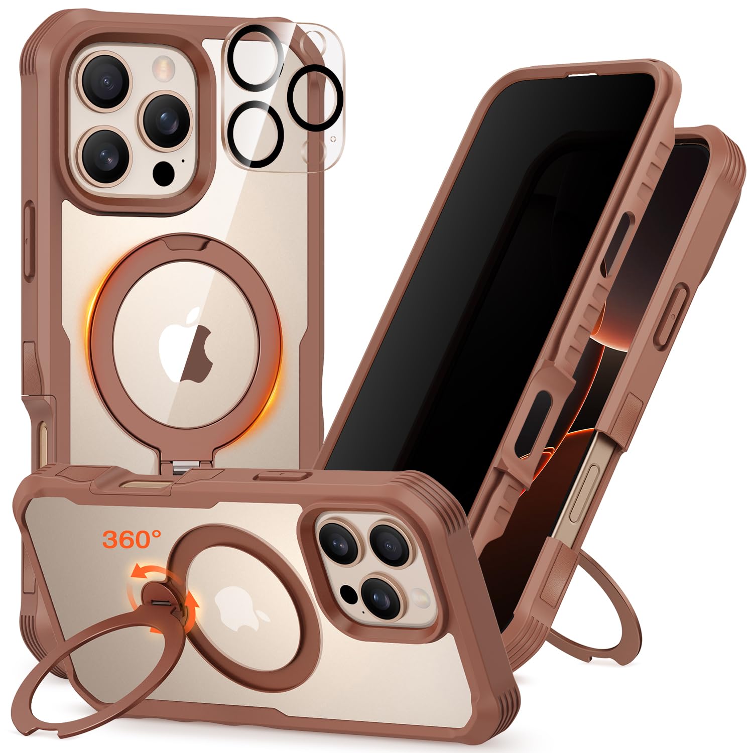Photo 1 of CENHUFO for iPhone 16 Pro Case [Compatible with Magsafe] Full Body Phone Case Built-in 9H Tempered Glass Privacy Screen Protector and 360° Spin Magnetic Stand Ring, Camera Lens Cover - Desert Brown
