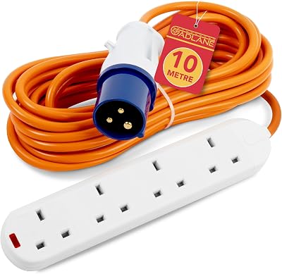 GADLANE Camping Electric Hook Up Cable 10M 4 Gang 16A 240V High Visibility