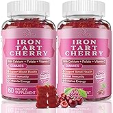 (2 Pack) OALSE Tart Cherry Iron Supplement for Women & Men, Iron Gummies with Calcium, Zinc, Folate & Vitamin C & B12 for Immune Support, (120 Count) - Sugar Free,Vegan