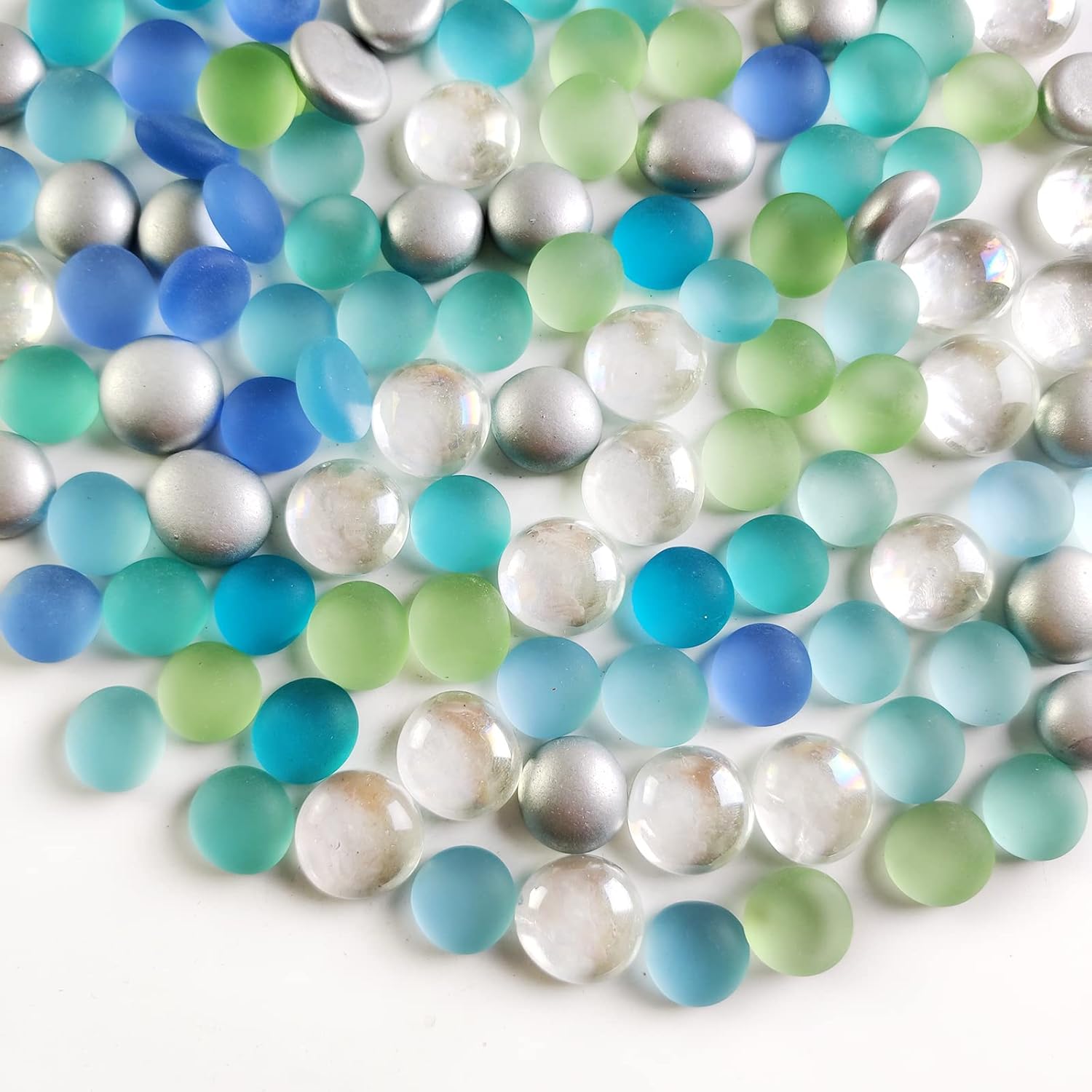 Vase Fillers - Decorative Glass Gems Flat Marbles Silver,Clear Frosted Green Blue Gemstones Beads 2 LB for Vase Fillers,Table Scatter,Beach Theme Wedding Centerpieces,Party Decoration,Aquarium Fish Tank Pebbles