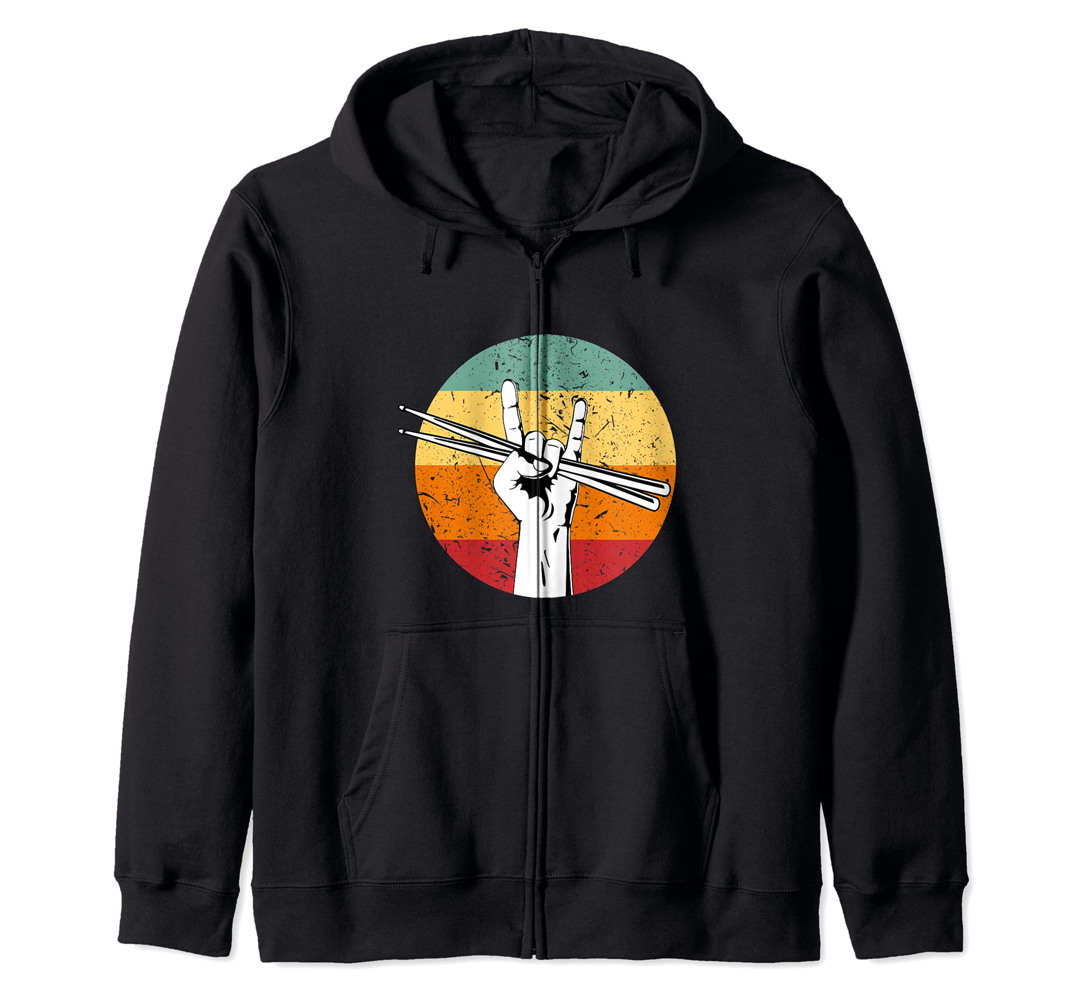 Rock Hand Sign Retro Drumsticks Drum Player Music Zip Hoodie
