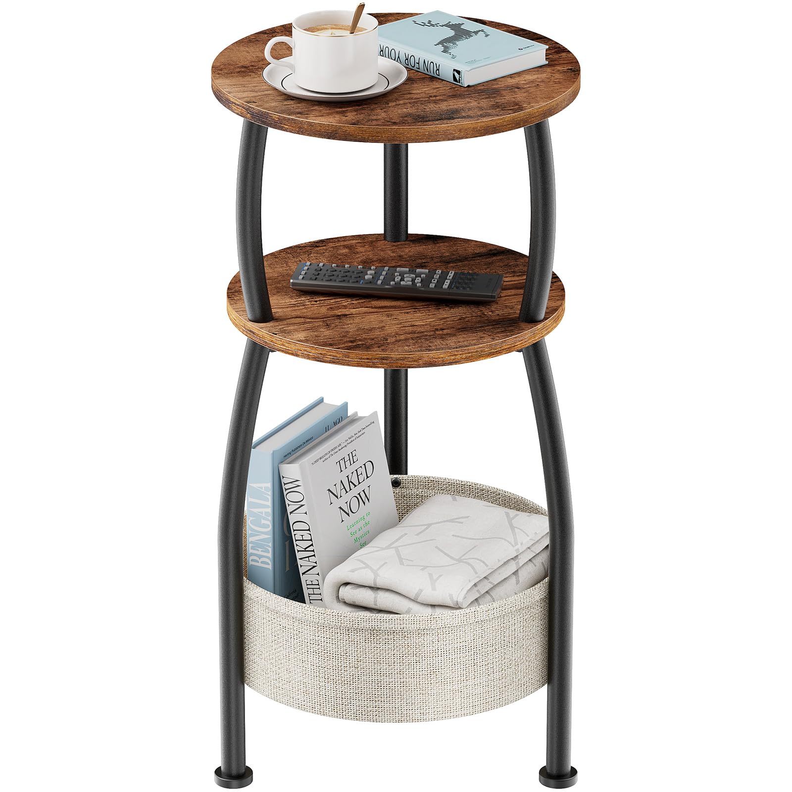 Yuede Round Side Table for Small Spaces with Storage Basket –Small End Table 3-Tier Night Stand Sofa Corner Table for Living Room, Bedroom, Patio and More 24in Tall Rustic Brown