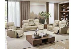 Toseslo Power Recliner Sofa Set with Drop-Down Table, 3-Piece Leather Reclining Sofa Sectional Couches, Living Room Furniture Sets, Reclining Sofa with Cup Holders/Storage Console for House(Beige)