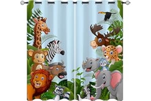 CZROUZ Cartoon Forest Animals Blackout Curtains for Girls Boy Home Decor, Cute Elephant Giraffe Lion Grommet Thermal Insulated Drapes Darkening Window Curtain for Bedroom Living Room, 42 x 45 Inch