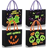 SilTriangle 4 Pcs Halloween Trick or Treat Candy Bags 14" x 10.7" x 6" Glow in The Dark Halloween Canvas Tote Bags Bulk with Handle Pumpkin Ghost Skull Bat for Party Candy Collection Handbag Supplies