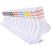 eallco 7 Pairs Womens Crew Cotton Socks Casual Breathable Striped Calf Socks for Women