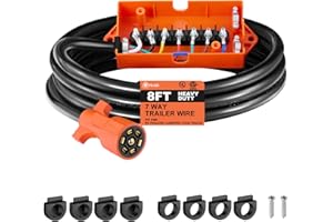 Filluck 7 Way Trailer Plug with Junction Box,Waterproof Double Prongs Connector,Light & Brake Control 7 Inline Trailer Cable for RV Standard -8 Feet
