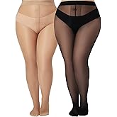 VivaCurve Plus Size Sheer Black Tights for Women T-Crotch 20D Ultra Thin Pantyhose High Waist Stockings 2 Pairs