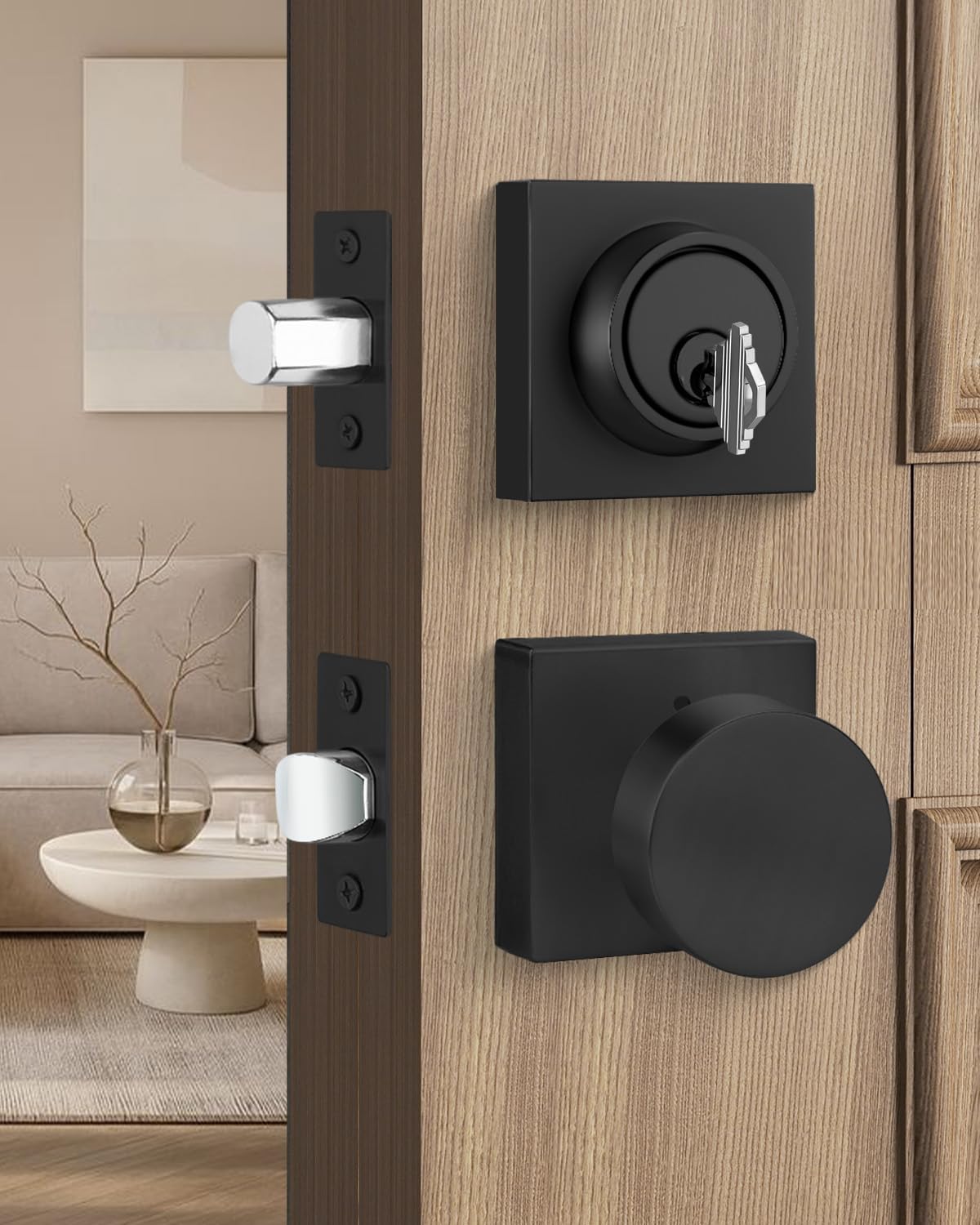 Photo 1 of * JUST HANDLES, NO LOCK SYSTEM * Goldenwarm Black Door Knobs with Deadbolt, Zinc Alloy Matte Black Exterior Door Knobs Lock Set with Deadbolt, Heavy Duty Door Locks for Front Door - Modern & Stylish(1 Pack)