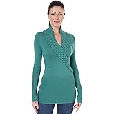 AmélieBoutik Women Shawl Collar V Neck Faux Wrap Ribbed Knit Long Sleeve Tunic Sweater