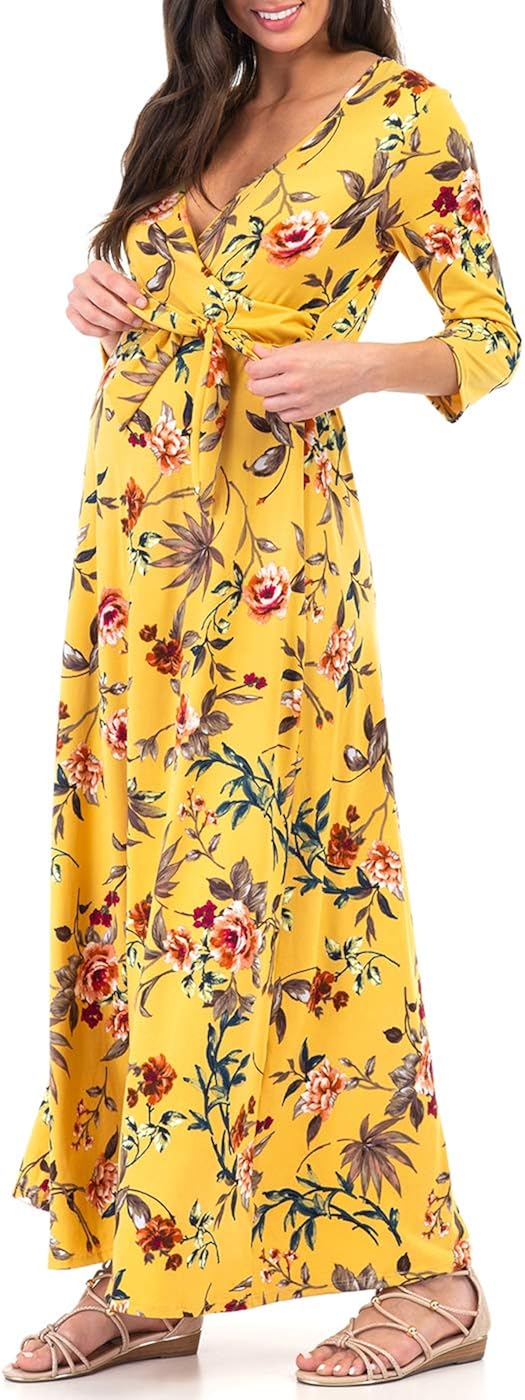 Mother Bee Maternity Faux Wrap Maternity Dress with Adjustable Belt for Baby Shower Or Casual Wear at  Women’s Clothing store