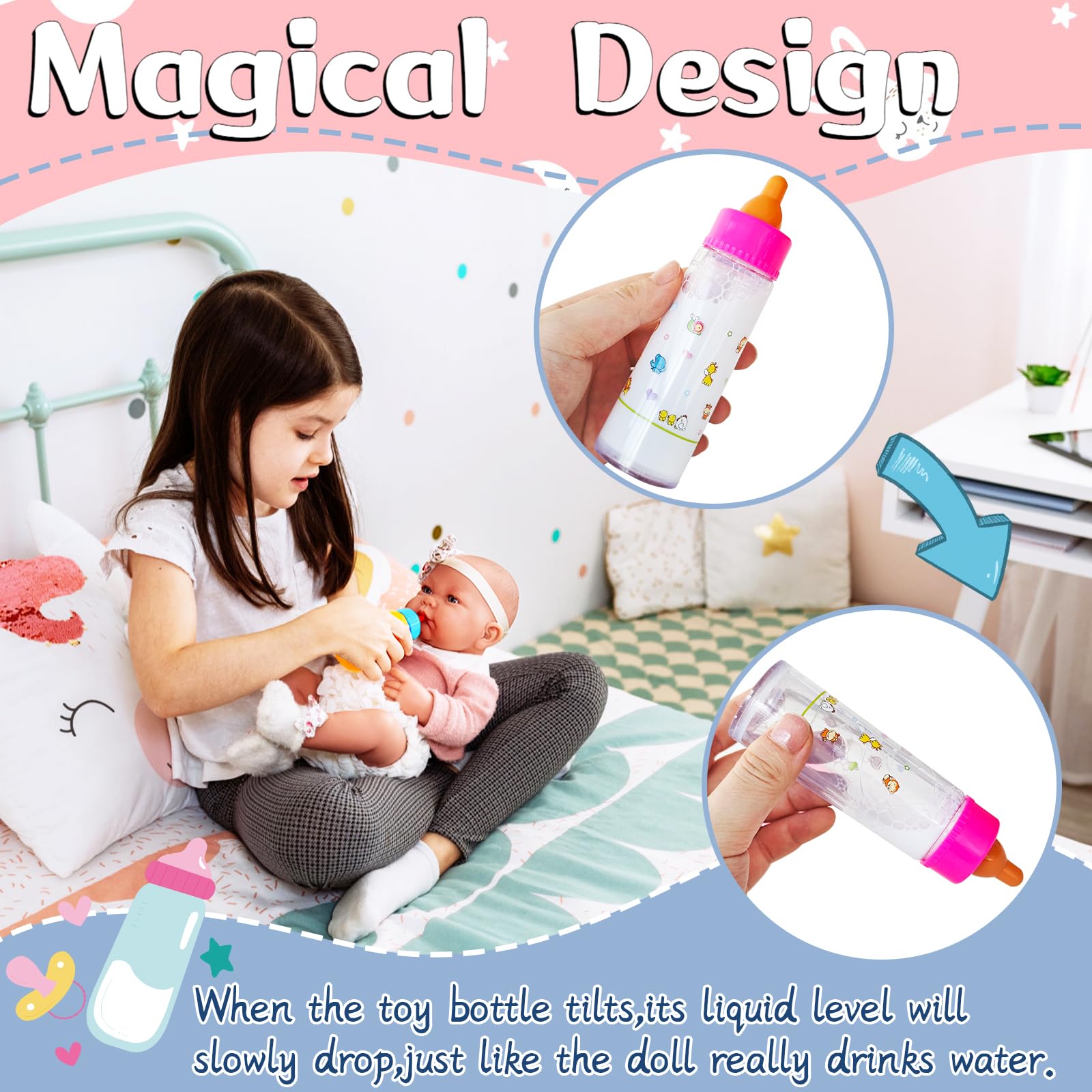 13 Pcs Baby Doll Accessories Magic Bottle Set,Pretend Play Feeding Toy Set with Package,Doll Feeding Set for Kids Girls,Magic Disappearing Juice Milk Bottles,Sippy Cups,Pacifiers,Bowl Spoons