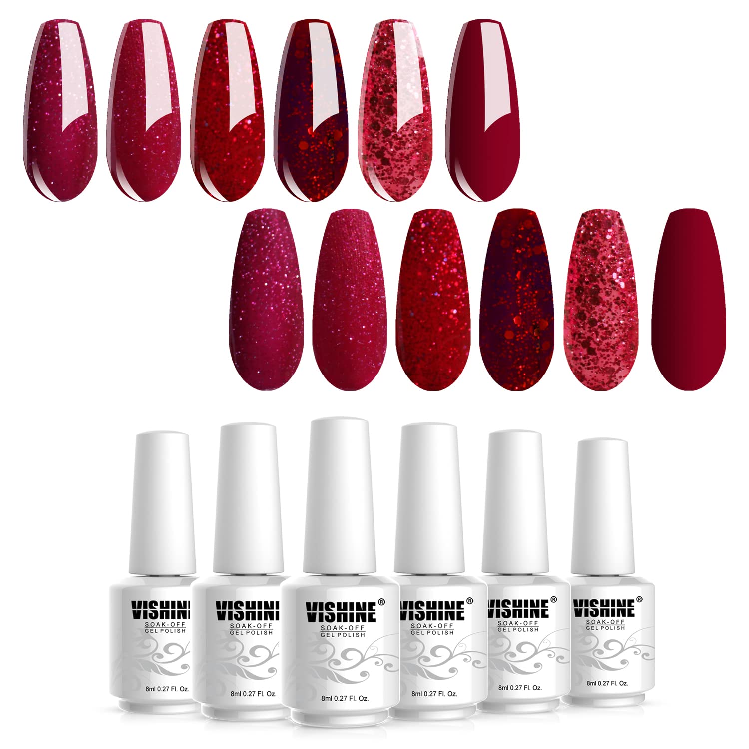 Vishine Red Glitter Gel Nail Polish Set - Burgundy Glitter Set of 6 Colors Soak Off UV LED Gel Nail Art Manicure Kit