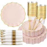 U-QE 175PCS Pink Gold Plastic Plates - Disposable Dinnerware Set | for 25 Guests, Pink and Gold Plates and Napkins Party Supplies, 50 Plates, 25 Per Rolled Napkins with Gold Cutlery, 25 Cups