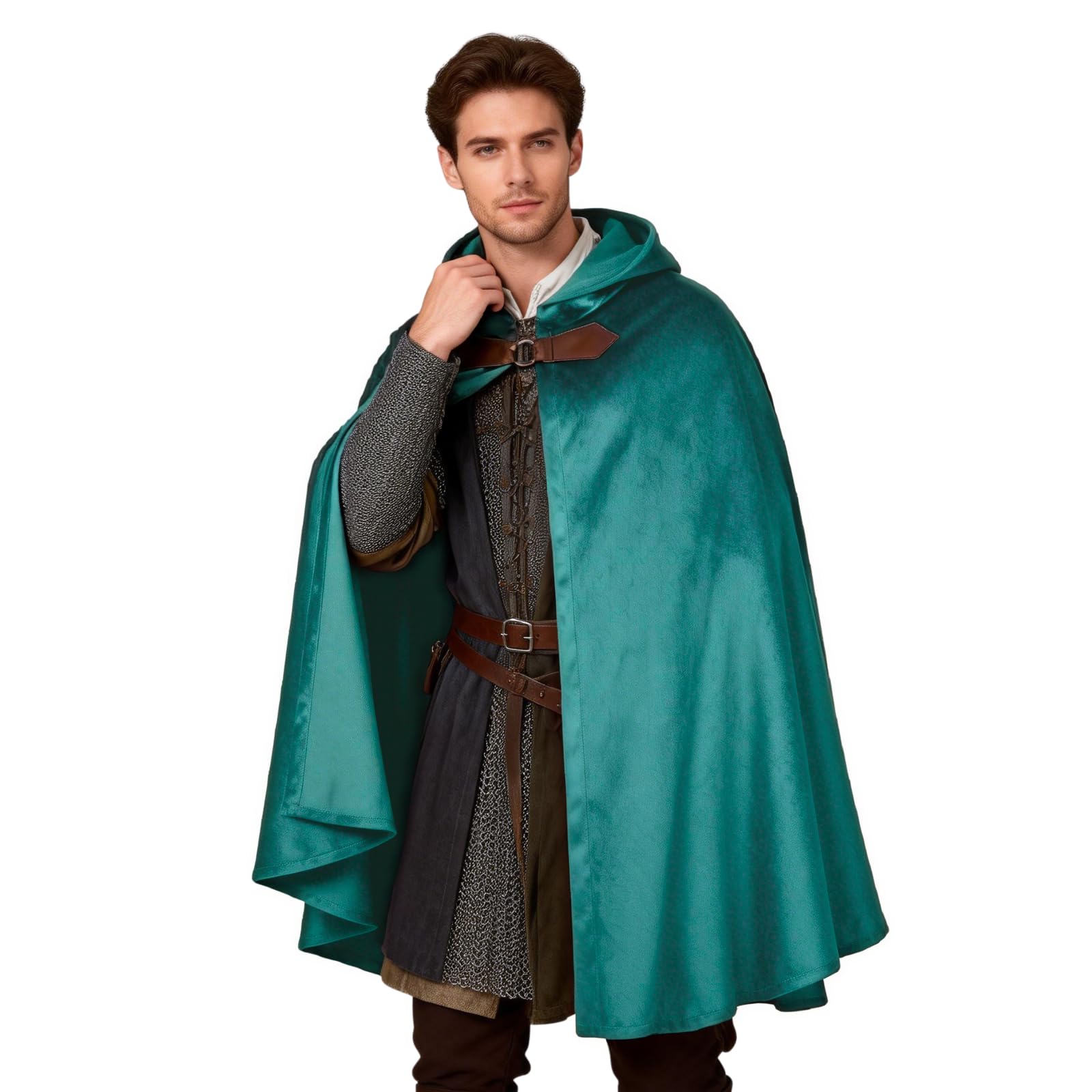 HAPNBCELE Adults Medieval Cloak with Hood, Renaissance Cape Costume Halloween Wizard Cosplay LARP Renaissance Fair RPG Party (Lake Blue, 51.1“/130cm)