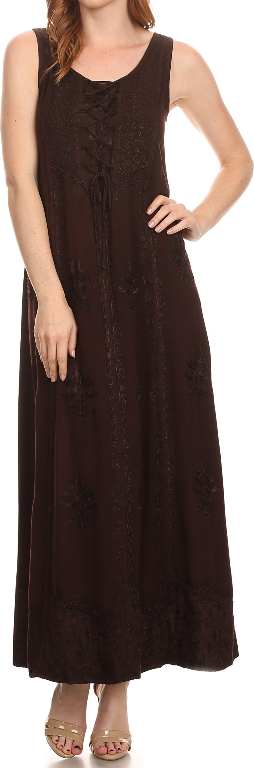 Stella Long Tank Top Adjustable Caftan Corset Dress with Embroidery