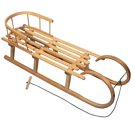 BAMBINIWELT Holzschlitten/Hörnerrodel mit RÜCKENLEHNE und Zugleine, aus Buchenholz, Kinderschlitten, 120cm