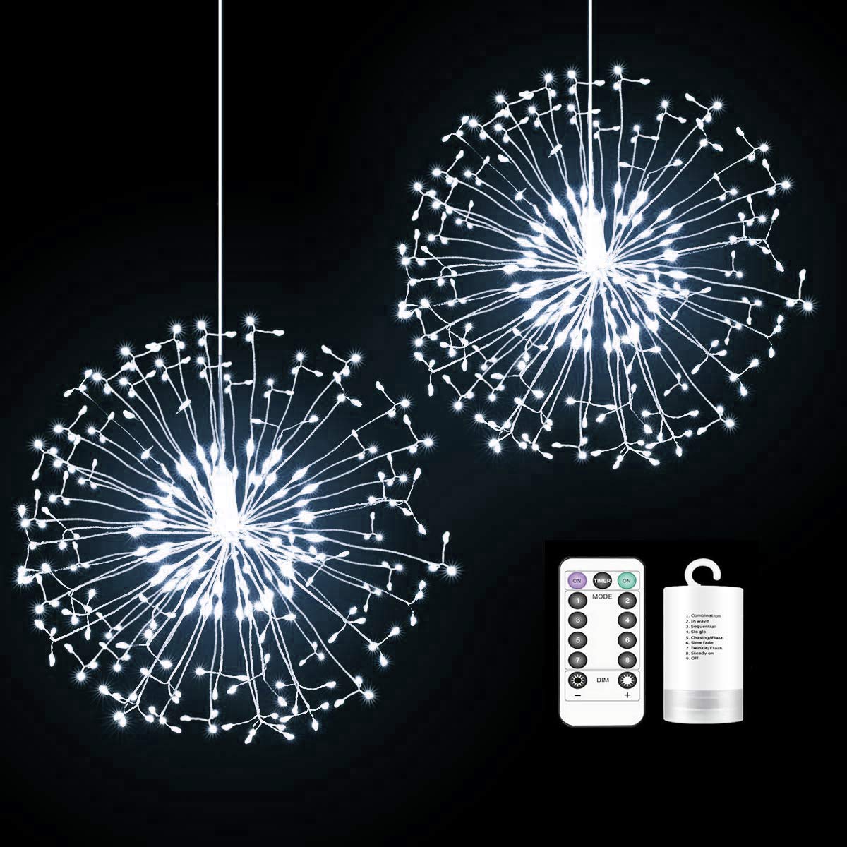 Photo 1 of 2 Pack 198 LED Fireworks Lights, Hanging Starburst Lights, Battery Operated Fairy String Lights with Remote Control for Christmas, Wedding, Party, Indoor, Outdoor (198 LED, Cool White)