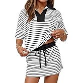 MEROKEETY Women's Striped 2 Piece Outfits Casual Skirt Set Workout Short Sleeve Polo Shirt Skort Matching Lounge Sets