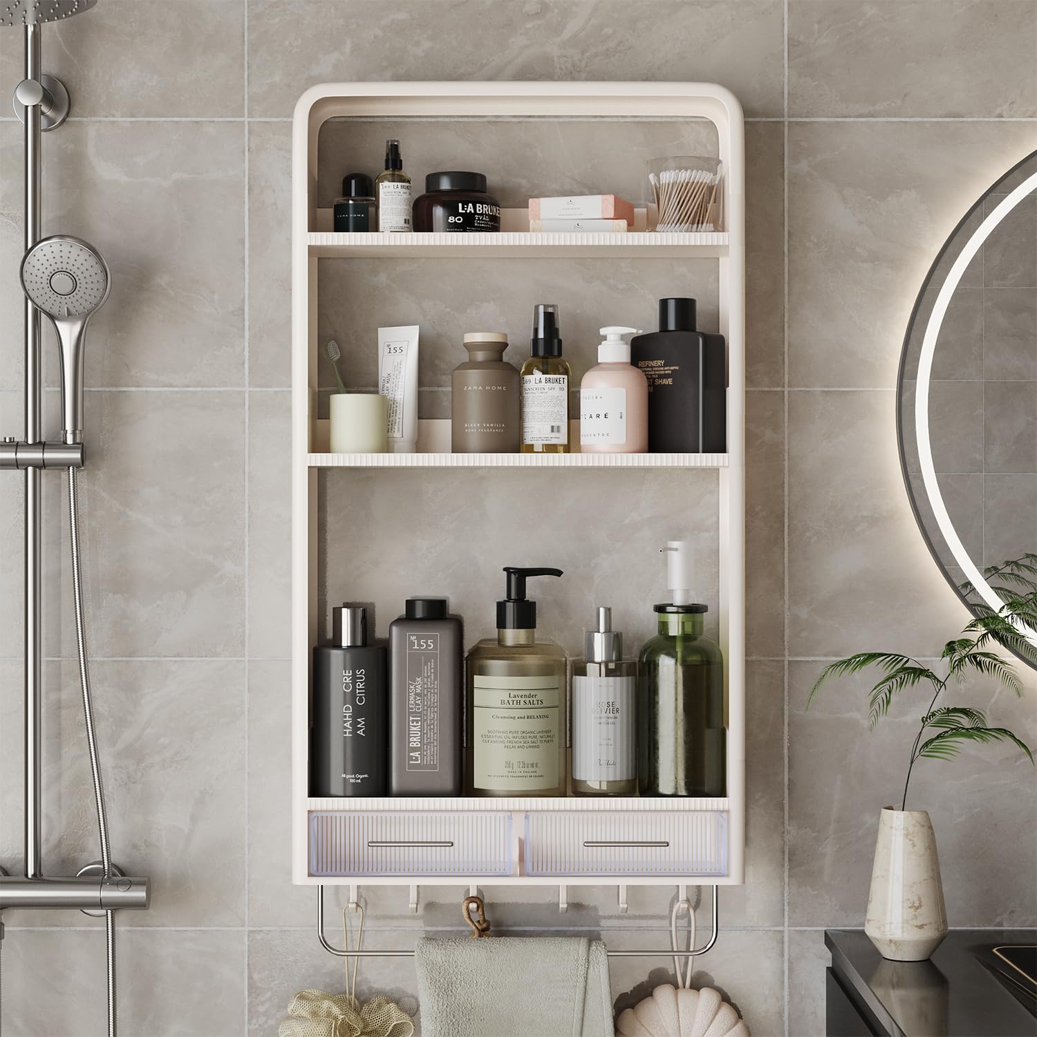 LURIVA Plastic Bathroom Shelves with 2 Drawers & Towel Bar, No Drilling ...
