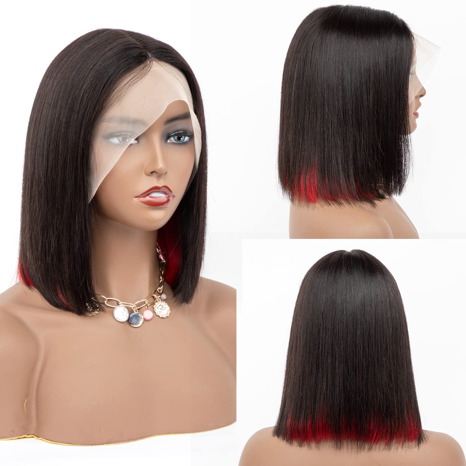 Originea Highlight Bob Wig Human Hair 13x6x1 Lace Front Wig Red Highlight Ombre Short T-Part Straight Bob Peekaboo Wigs for Women 12 Inch 150% Density (12 Inch, #Red)