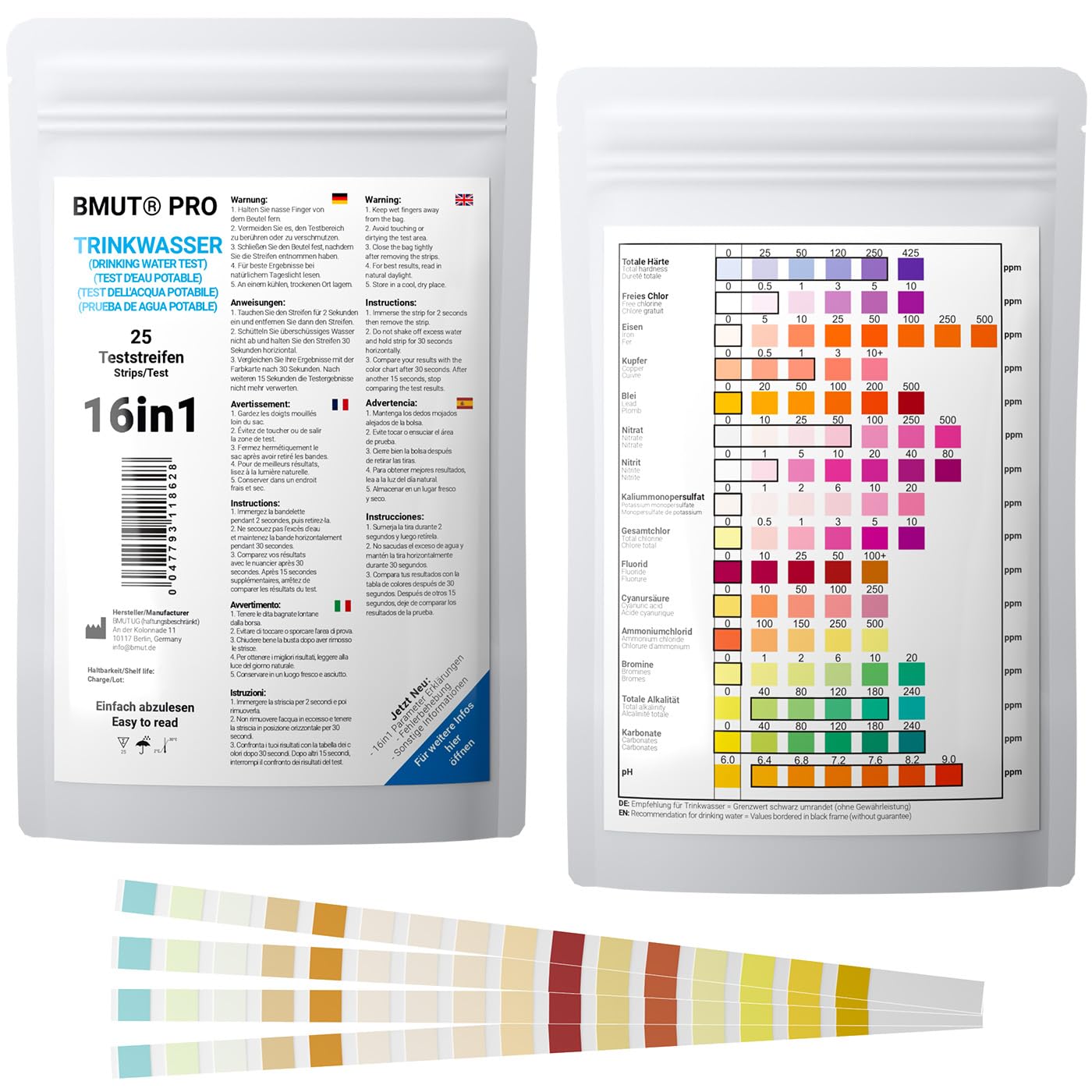 25 x 16-in-1 Drinking Water Test Strips - Tap Water Quality Analysis for Total Hardness, Lead, Copper, Nitrate