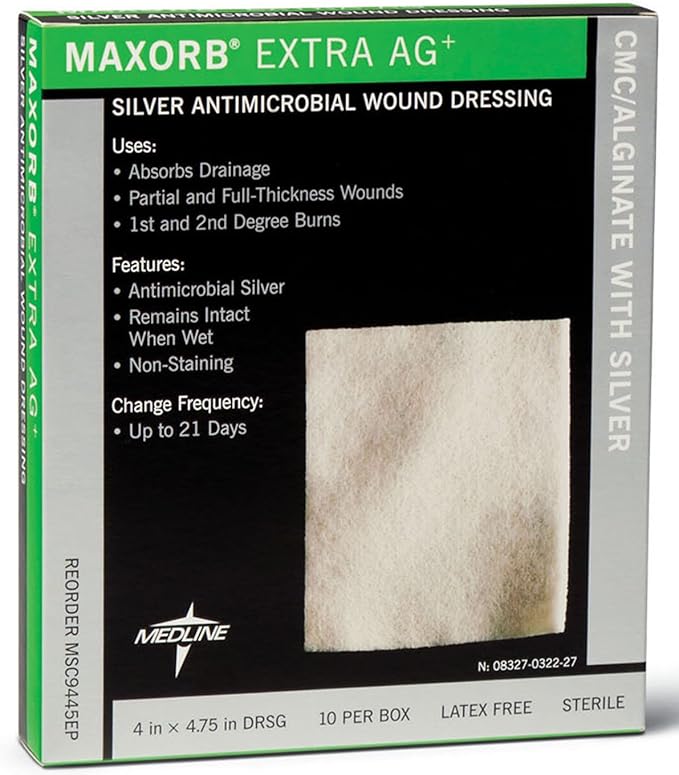 Medline Maxorb Extra Ag Silver Antimicrobial Wound Dressings 4" X 4.75", Box Of 10 Dressings