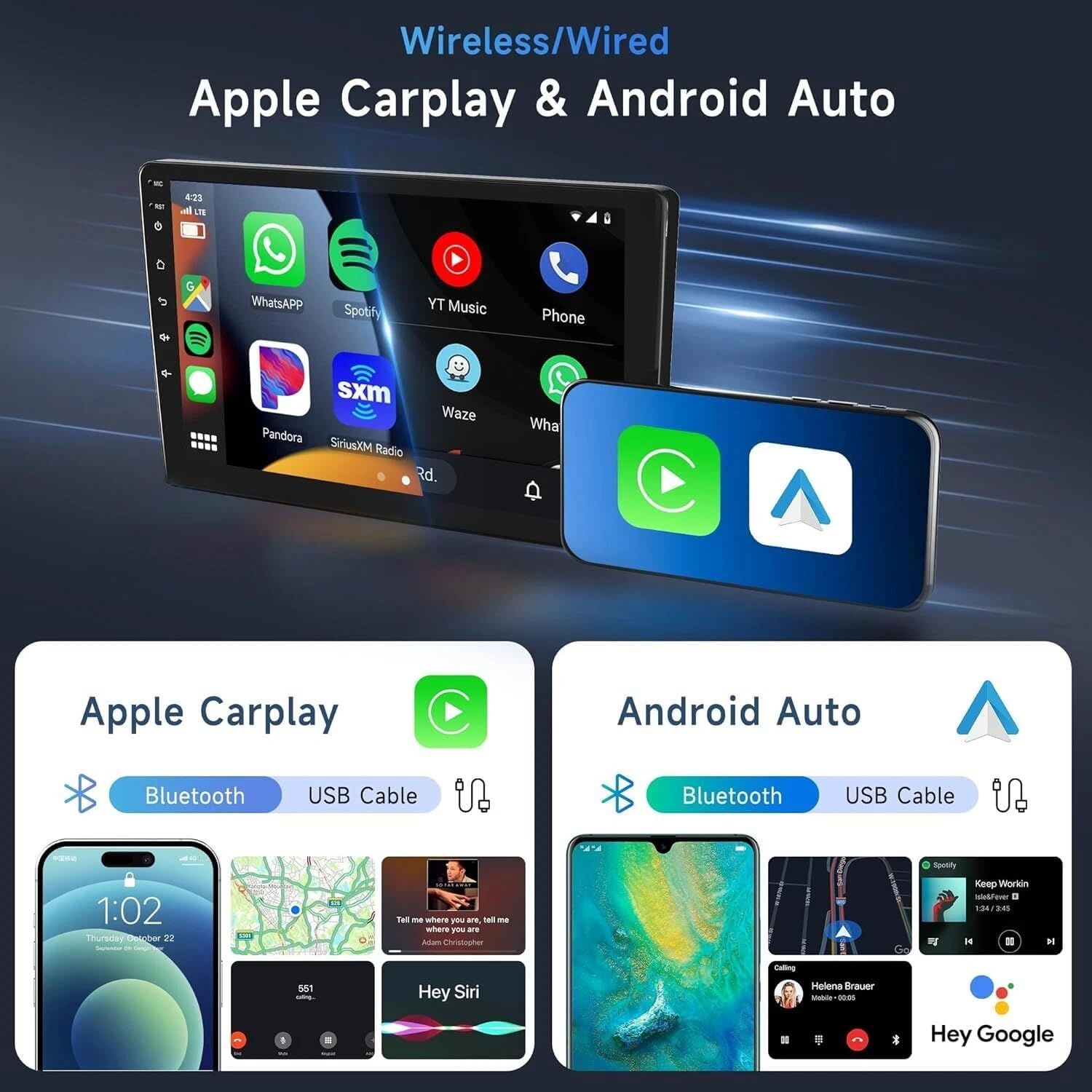 Image showing the car stereo display with Apple CarPlay and Android Auto interfaces side-by-side, illustrating wireless and wired connection options.