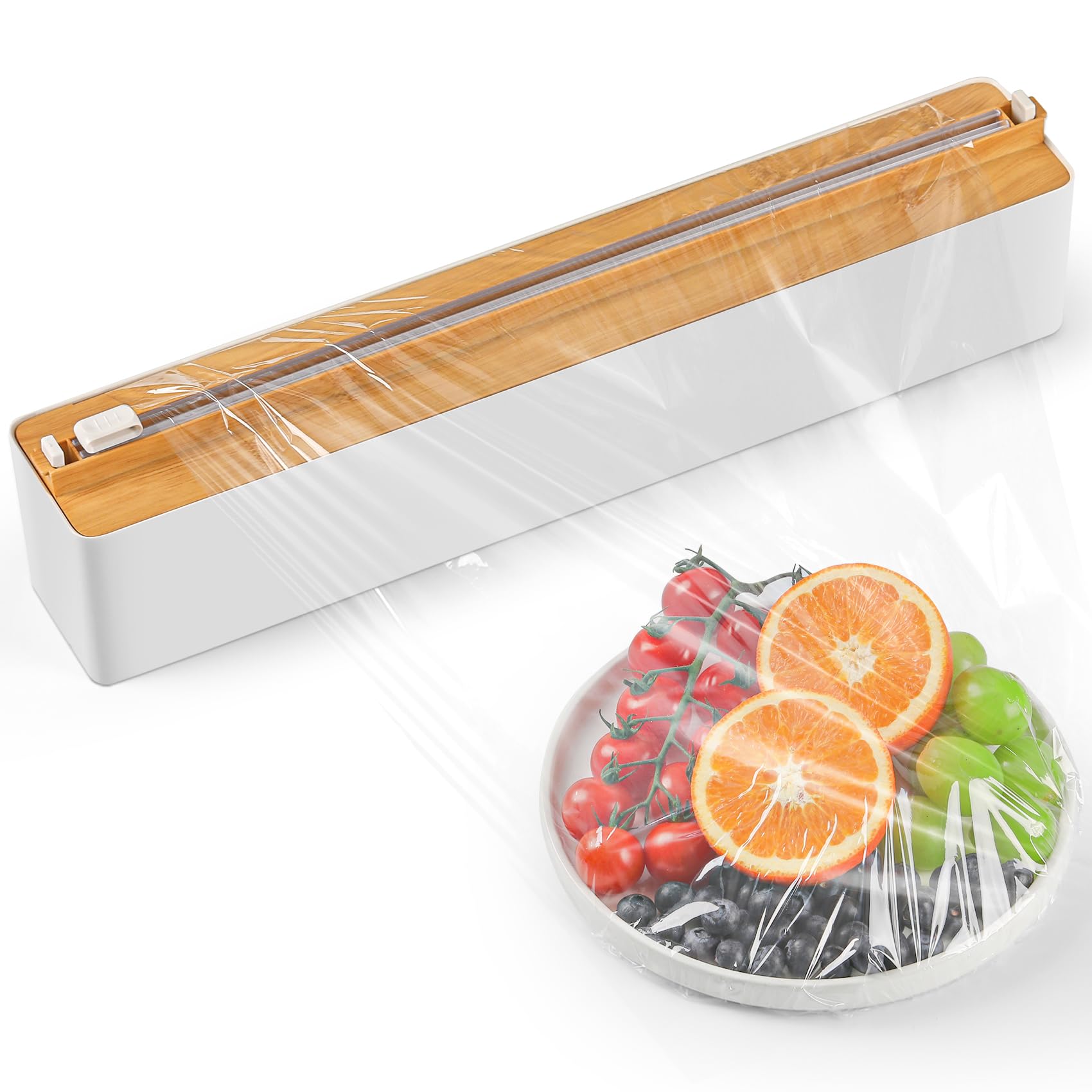 Quasziwa Magnetic Cling Film Dispenser and Cutter - Refillable Clingfilm & Aluminum Tin Foil Dispenser and Cutter Wall-mounted, Plastic Wrap Organizer for Kitchen Drawer - Fits 12" Roll, Woodgrain