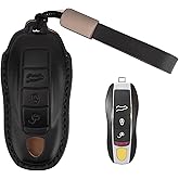 CISUI Leather Key Fob Cover with Keychain for Porsche Panamera, Macan, Cayenne, 911, and 718 Smart Key (3-Button) (Black)