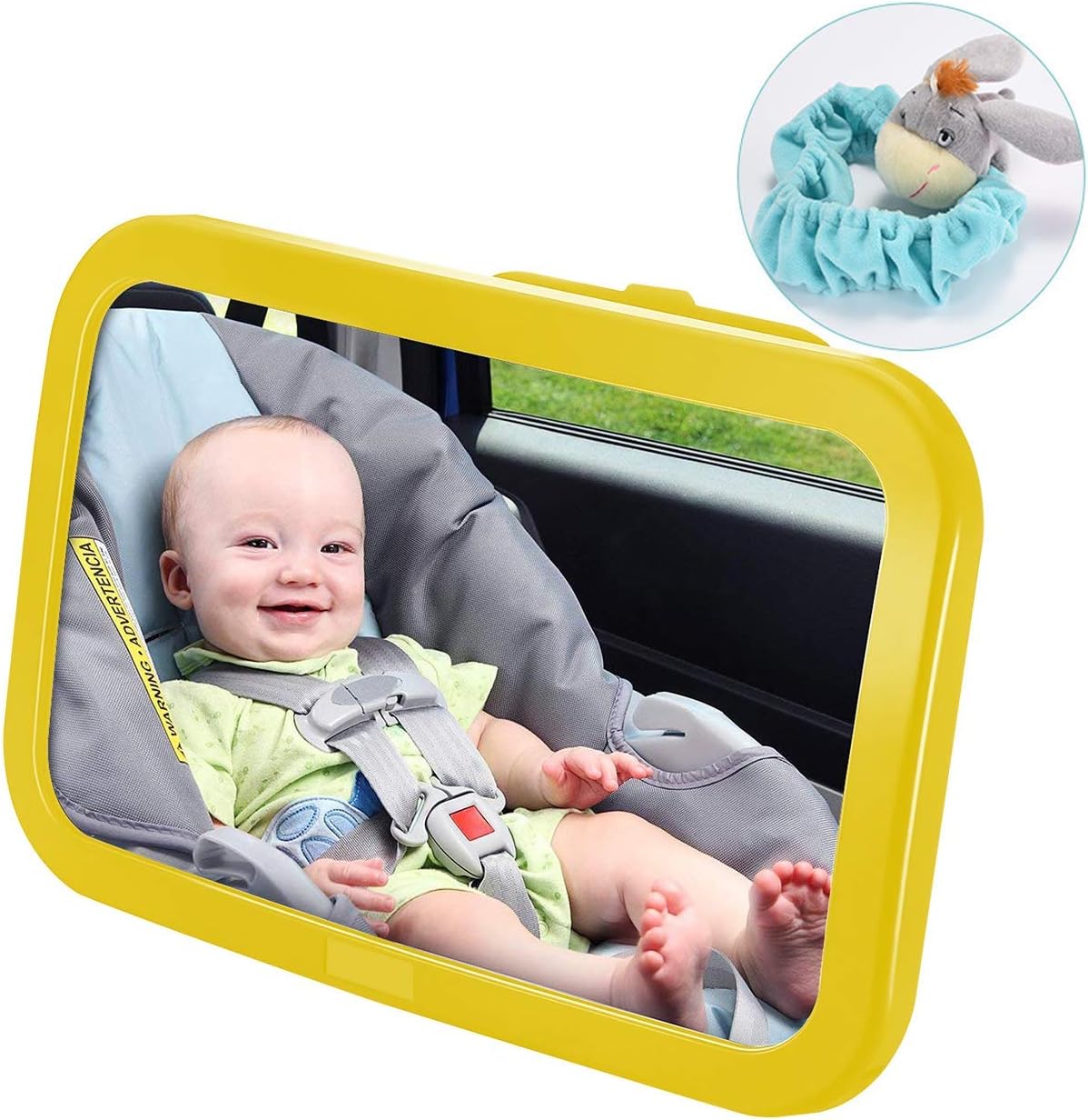 OMORC Baby Car Mirror for Back Seat, (Upgraded Version) Shatterproof Headrest Mirror with Safest Yellow Frame, Cute Donkey Cover