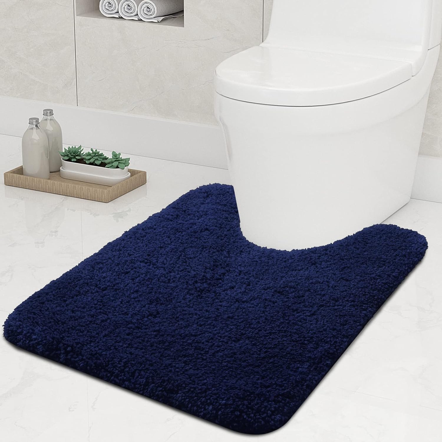 smiry U-Shape Toilet Mat, Extra Soft Pedestal Mat for Toilet, Absorbent Microfiber Toilet Bathroom Mats, 50 x 60 cm, Navy Blue