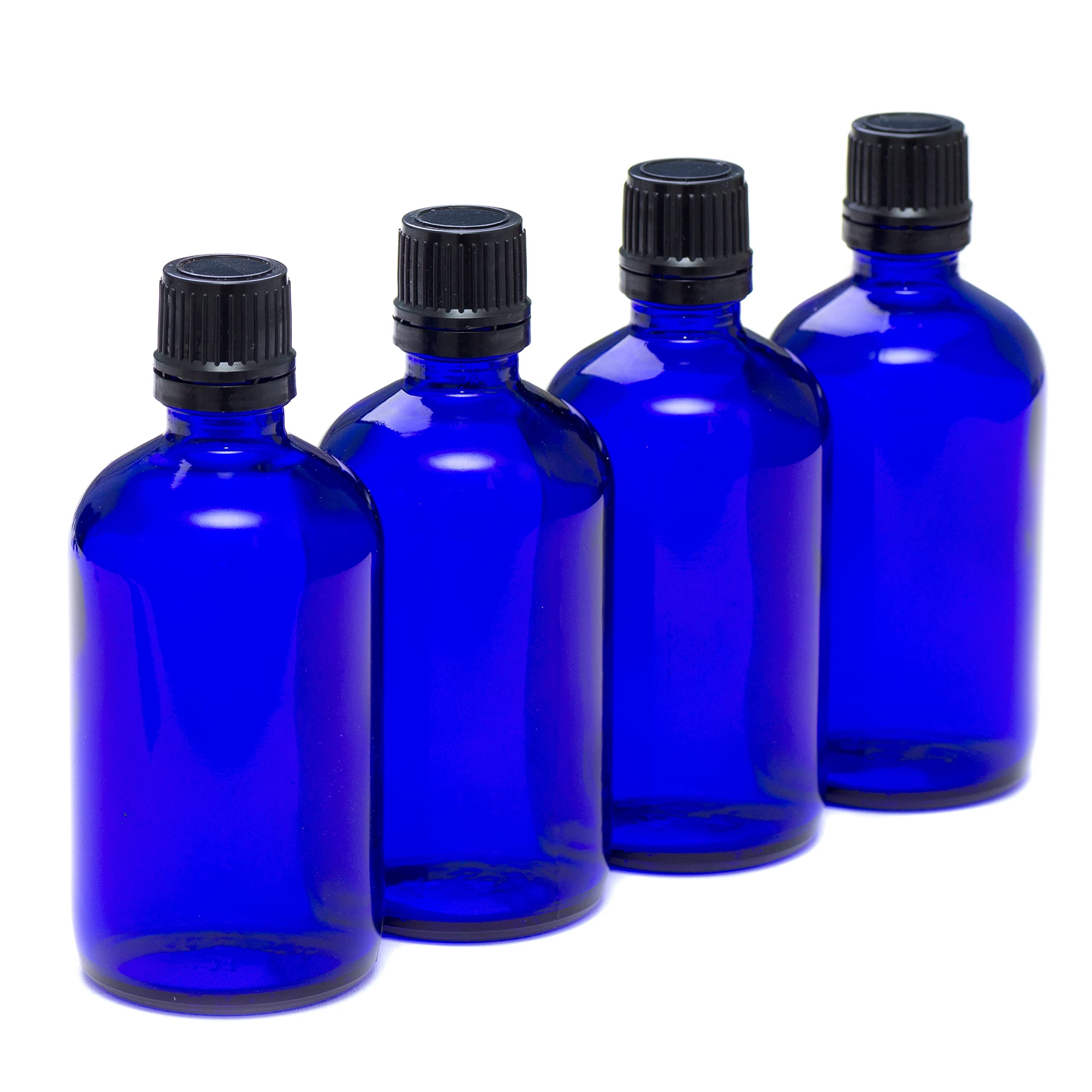 Aura 100ml Blue Glass Bottles with Black Tamper Evident Caps & Droppers - Pack of 4