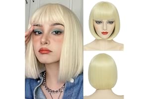 YBYMCAI Blonde Bob Wig For Women Short Blonde 613 Bob Wig With Bangs Straight Bob Bangs Wig 10 Inch Heat Resistant Synthetic Hair Natural Looking For Daily Party Use