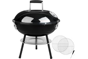 Charcoal Grill with 2 Grilling Racks, Joyfair 14 inch Small Portable BBQ Grill with Locking Lid for Outdoor Camping/Patio/Backyard Barbecue/Tabletop Cooking, Enamel Coated & Dual Vent System (Black)