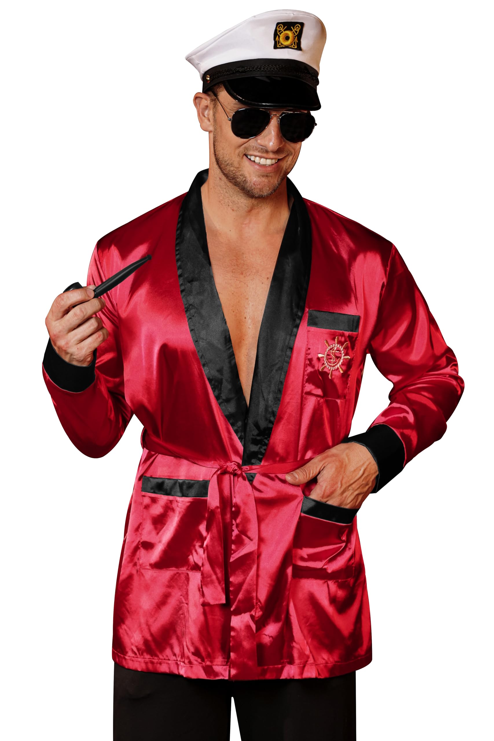 Mainfini 4 Pcs Men’s Hugh Hefner Costume Red Satin Robe Embroidered Captain Logo Smoking Jacket with Pipe Hat and Glasses S