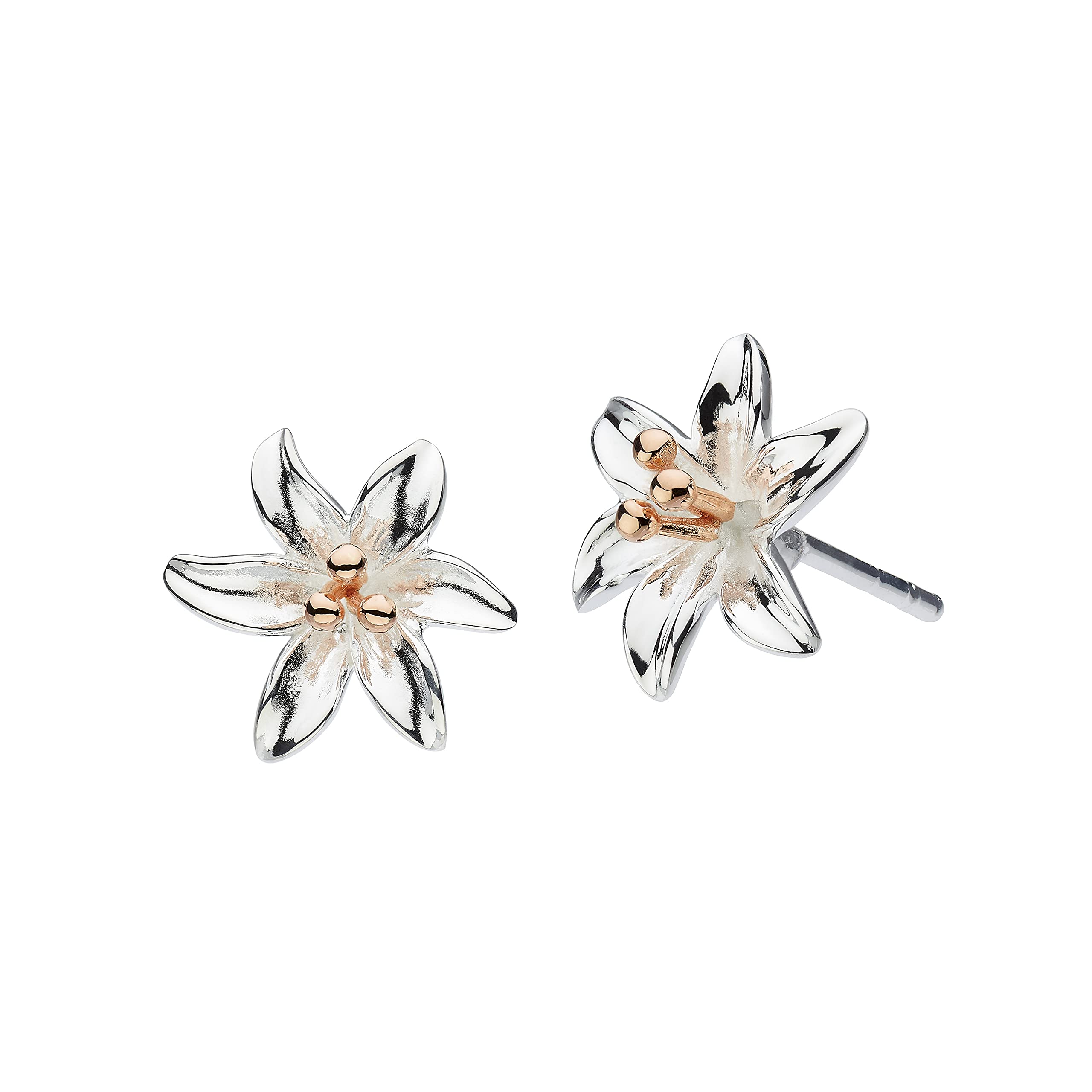 DEW Silver & Rose Gold Plated Tiger Lily Stud Earrings – Sterling Silver and Rose Gold Plate, 3D Detail, Beautiful Nature Inspired Jewellery