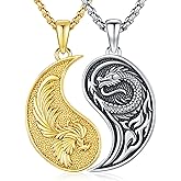 MEDWISE Dragon Phoenix Yin Yang Necklace Double 925 Sterling Silver Dragon Phoenix Pendant Partner Friendship Couples BFF Pendant Necklace Yin Yang Jewelry Matching Set for Her Him Women Men