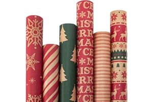 Ribbli Christmas Wrapping Paper - Kraft Paper with Snowflake/Tree/Red Stripe/Merry Christmas Pattern, 6 Rolls Red and Green Holiday Assortment - 30 inch x 10 feet Per Roll