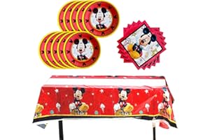 HONGFENG Birthday Party Supplies for Red Mickey Mouse ,Includes 20 Paper Plates - 20 Napkin - 1 Table Cloth Serves 20 Guest