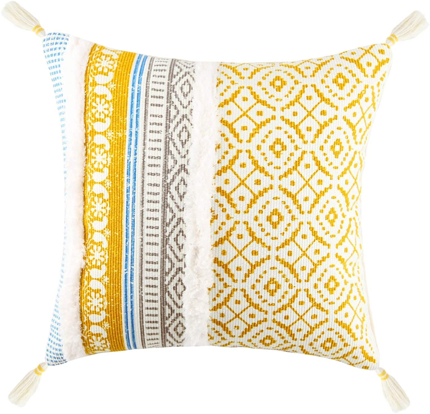MOCOFO 18" Cream White Grey Woven Tufted Tassel Cushion Cover Fringe Pillow Sofa Couch Throw Bohemian Embroidered Cover ONLY (Silkscreen Yellow)