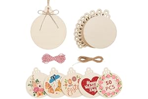 Philorn 50pcs Wooden Ornaments for Crafts 3.5" Unfinished DIY Wooden Christmas Ornaments, Predrilled Wood Slices Circles for Crafts Paint Holiday Hanging Decorations (50pc Christmas Ball)