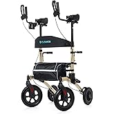 ELENKER All-Terrain Upright Rollator Walker, Stand up Rolling Walker with Seat, 12” Non-Pneumatic Tire Wheels, Compact Folding Design for Seniors, Champagne