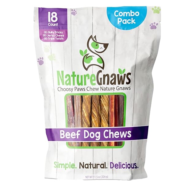 NATURE GNAWS DOG CHEW VARIETY PACK (18 COUNT) – TRIPE TWISTS, BEEF GULLET AND BULLY STICKS FOR DOGS – NATURAL BEEF JERKY DOG CHEW BONES – RAWHIDE FREE