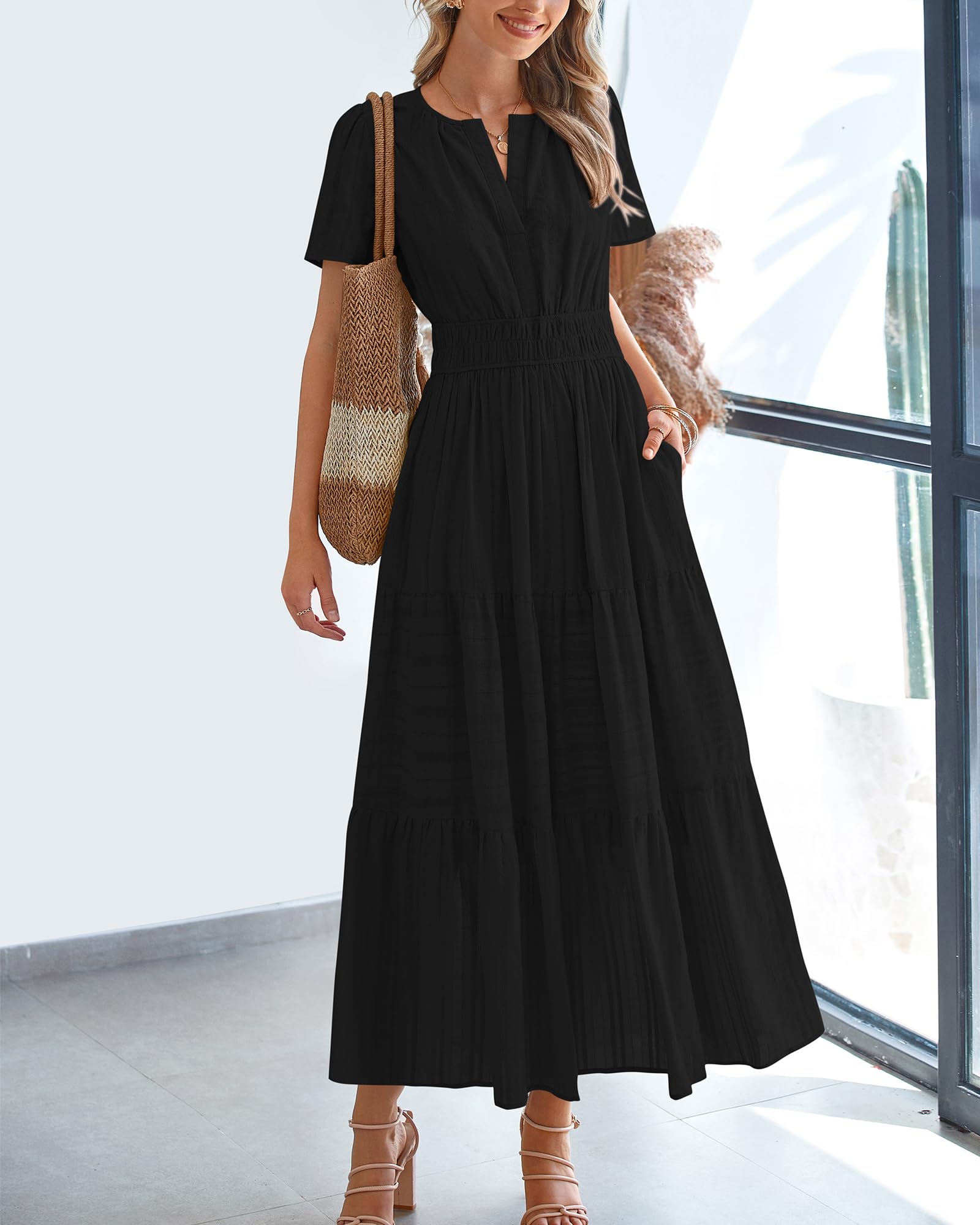 BTFBM Womens Summer 2025 Casual Midi Maxi Dresses Lightweight Short Sleeve V Neck Elastic Waist Boho Beach Dress Pockets(Black, Medium) - Image 2
