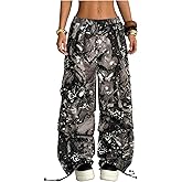 GORGLITTER Women's Camo Cargo Pants Wide Leg Baggy High Elastic Waisted Parachute Pants Y2K Camouflage Trousers Streetwear