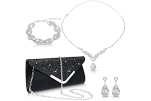 TIAMON 4 Pcs Women Rhinestone Jewelry Set Floral Wave Teardrop Crystal Wedding Necklace Earrings Floral Cluster Wave Bracelet Glitter Envelope Evening Bag Handbag Party Bridal Purse
