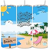 Personalized Sunrise Sunburn Sunset Repeat Beach Themed Custom Tumbler Cup - 20 oz Stainless Steel Skinny Tumbler with Lid and Straw