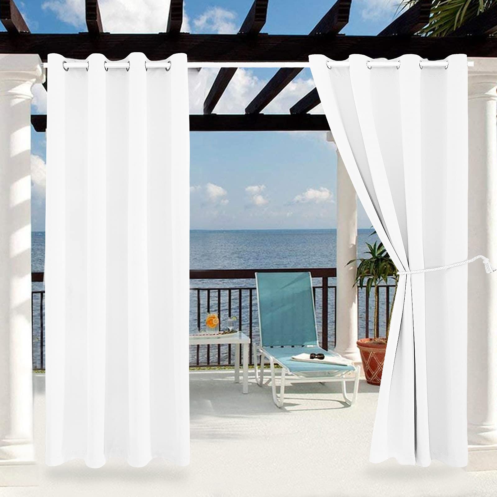 Photo 1 of DIVA EN CAMINO DEC Outdoor Patio Curtain Waterproof Darkening Thermal Insulated Indoor Curtains for Bedroom, Porch, Living Room, Pergola, Cabana, W52 x L95, Pure White, Set of 2 Panels